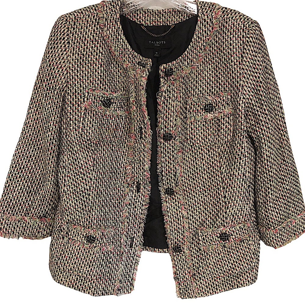 TALBOTS Petites Tweed Cream Black Pink Green Four (4) Button Blazer